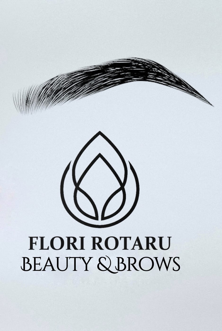 Cartea de vizită Flori Rotaru Beauty & Brows: o sprânceană desenată și o floare de lotus